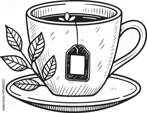 Cup of Tea Bag or Sachet Hand-drawn Sketch Drawing Vector Illustration, Line Linear Symbol Black and White Engraving, Isolated