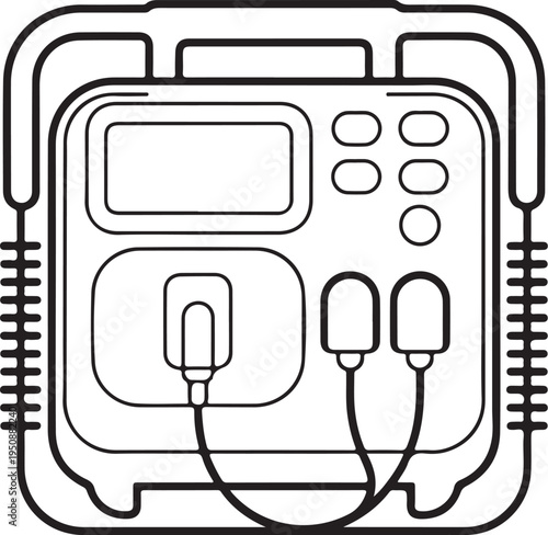 Defibrillator Hand-drawn Sketch Drawing Vector Illustration, Line Linear Symbol Black and White Engraving, Isolated
