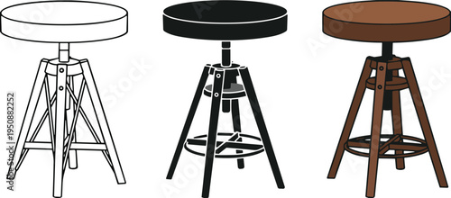 Industrial swivel bar stool vector set featuring outline silhouette and colored flat designs of adjustable height wooden and metal kitchen furniture