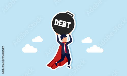 Super businessman flying while lifting debt weight illustration of ability to overcome and repay business debt through strong financial responsibility