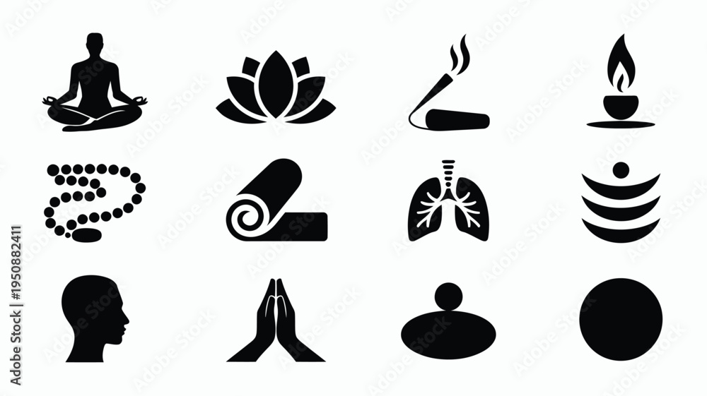 Obraz premium Black vector icons for yoga meditation and wellness concepts including symbols for mindfulness and inner peace practices