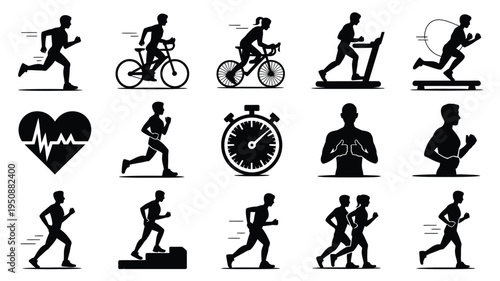 Cardio fitness silhouette bundle for healthy lifestyle and exercise icons of people running cycling and working out with heart rate and stopwatch symbols on white background