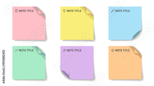 Six colorful blank sticky notes with curled corners and 'NOTE TITLE' text, isolated on a white background, perfect for reminders or messages.