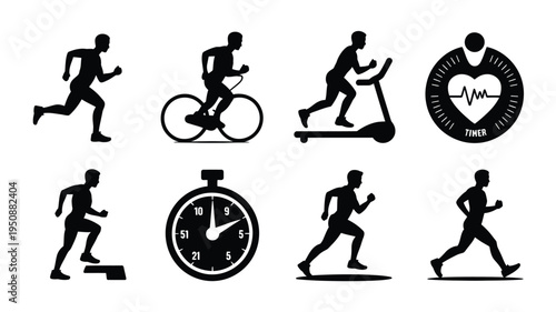 Bundle of cardio fitness icons including running cycling and exercise silhouettes with a stopwatch and heart rate monitor
