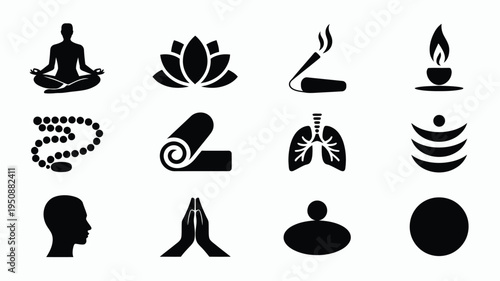 Black vector icons for yoga meditation and wellness concepts including symbols for mindfulness and inner peace practices