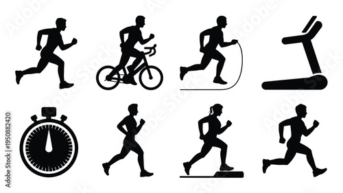 Cardio fitness icons with silhouettes of people running cycling and exercising with stopwatch on white background for healthy lifestyle and workout concepts