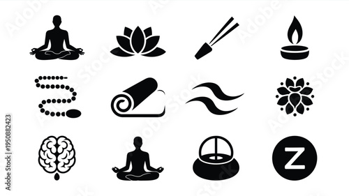Black vector icons for yoga meditation and mindfulness practices on white background