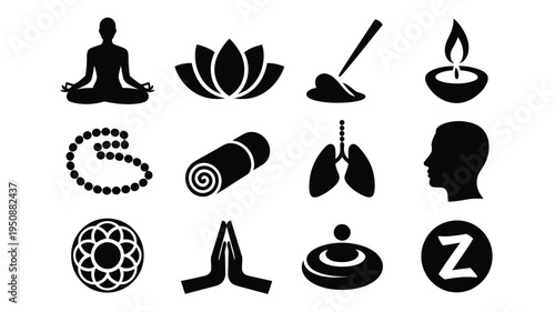 Black vector yoga icons set including meditation mindfulness and wellness symbols on white background for health and spirituality concepts