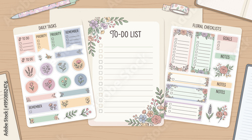 A flat lay of pastel floral stationery, including a to-do list, daily task stickers, and floral checklists, arranged on a wooden desk.