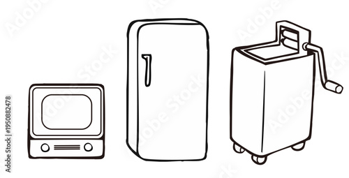 日本の昭和レトロ白物家電、テレビ、冷蔵庫、洗濯機のベクターイラスト