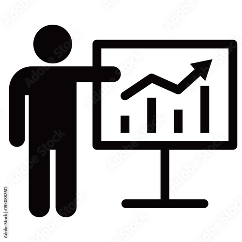 プレゼンボードでグラフを解説する人物のビジネスアイコン（プレゼンテーション・提案・講師・モノクロ・シルエット）