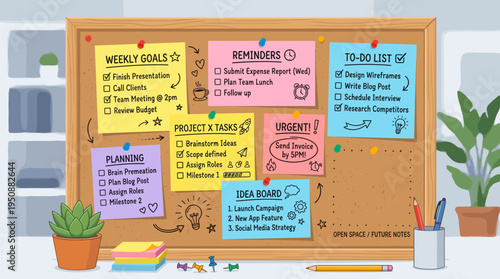A cork board filled with colorful sticky notes detailing weekly goals, reminders, to-do lists, project tasks, planning, urgent items, and an idea board, set in an office environment.