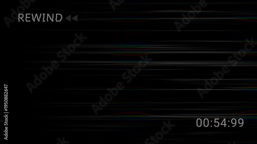 Iconic VCR rewind arrows with Vintage VHS defects noise. 4K magnetic signal distortion and analog tape hiss. Cinematic 80s retro glitch background.