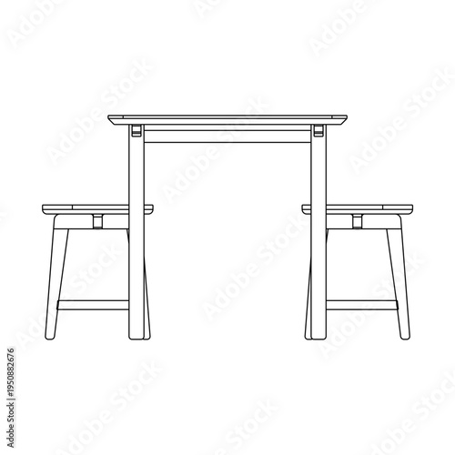 Side view outline illustration of dining furniture set with table and four stools. Minimal technical line drawing ideal for furniture design reference and interior presentation.