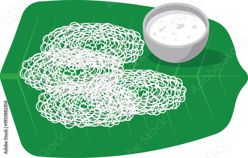 Traditional South Indian Breakfast Idiyappam (String Hoppers) with Coconut Milk on Banana Leaf Vector Illustration