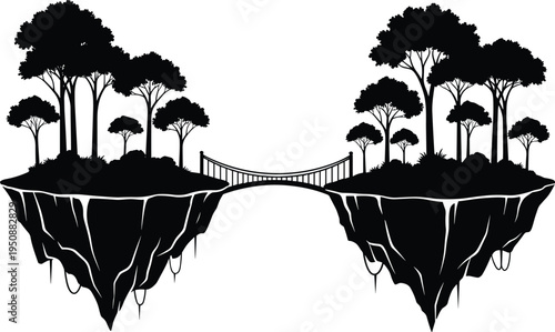 Floating island forest landscape silhouette with suspension bridge connecting cliffs, fantasy nature scene with trees on hovering land isolated vector illustration for adventure design