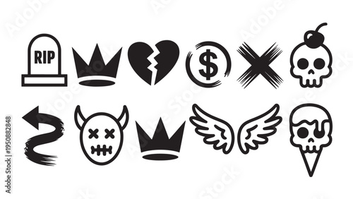 Urban Culture Icon Set – Bold Black-and-White Streetwear, Music, and Rebellion Symbols for Tees, Logos, and Digital Design