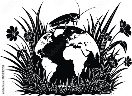 Environmental concept silhouette with cockroach insect on globe surrounded by grass and flowers, ecology balance, pest impact on nature isolated vector illustration