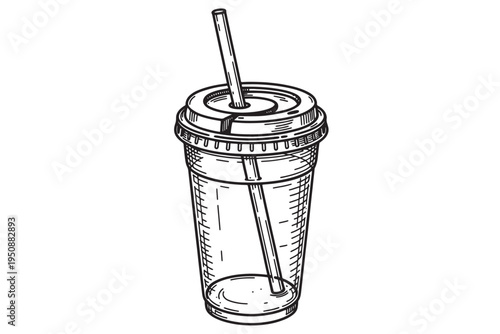 Disposable Beverage Cup Illustration – Hand-Sketch Black-and-White Line Drawing with Lid and Straw for Menus, Packaging, and Branding