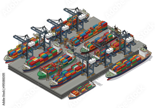 Vast Container Shipyard Scene with Multiple Cargo Ships and Cranes Docked at Port