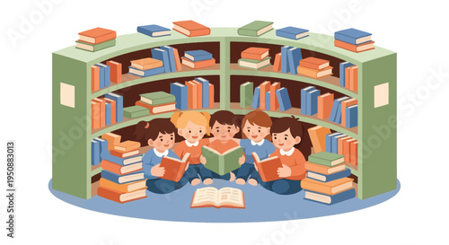 Children sitting inside a cozy library nook surrounded by books reading