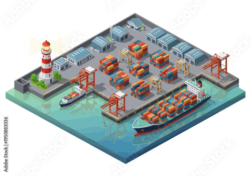 Isometric logistics port with cargo ships, cranes, containers, warehouses, and lighthouse