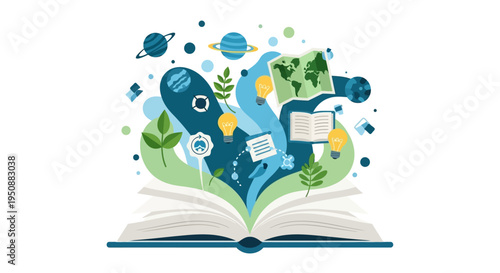 An open book with science, technology, earth, and educational icons flying out in a magical