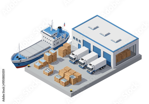 Commercial logistics and transportation hub with cargo ship, trucks, and warehouse