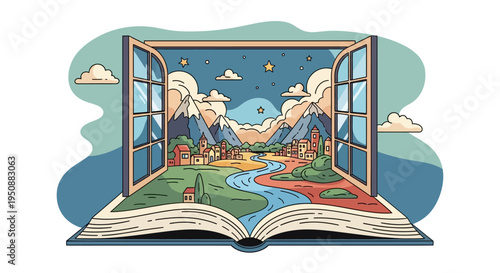 An open book with a window revealing a scenic landscape of mountains and a town by a river