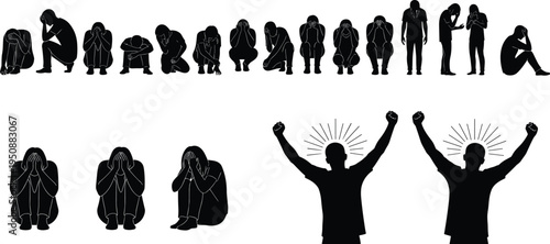 Human emotions silhouette set showing sadness, stress, depression and victory success pose, people expressing mental health struggle and motivation concept isolated vector illustration
