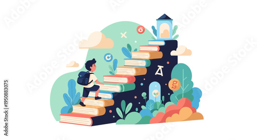 A student climbs a staircase made of books to reach a distant lighthouse on a cloudy day with plants around 