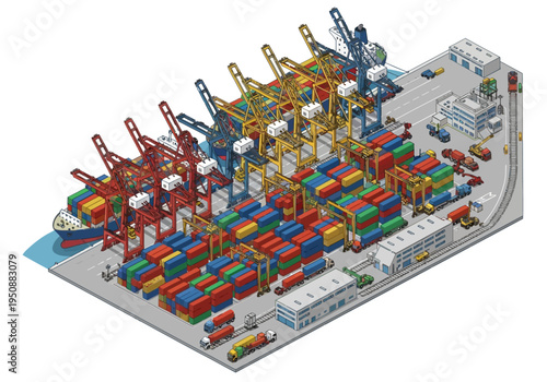 Isometric view of a busy shipping port with cargo containers and cranes