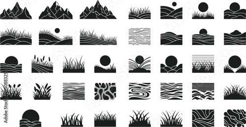 Nature landscape icon set with mountains, hills, grass, sun and water waves, minimal outdoor scenery collection isolated vector illustration for environment and travel design