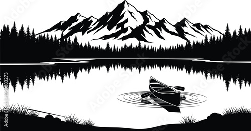 Mountain lake landscape silhouette with canoe on calm water, pine forest reflection and snowy peaks, wilderness adventure travel nature scene isolated vector illustration