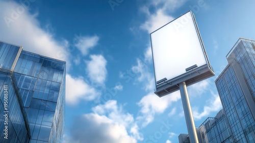 Empty billboard against a clear blue sky with modern glass buildings surrounding it, ideal for advertisements and promotions