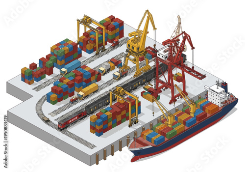 Cargo ships and trains loaded with containers at a busy shipping port, illustrating global trade and logistics operations
