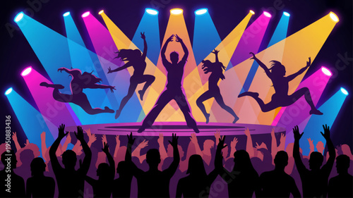 Silhouettes of people dancing on stage with colorful spotlights and crowd cheering at nightclub party