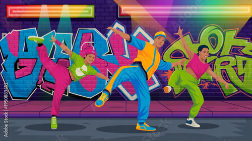 Three dancers performing energetic breakdancing moves in front of vibrant graffiti wall with neon lights