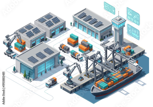 Modern industrial port with cargo ships, cranes, and buildings under a clear sky