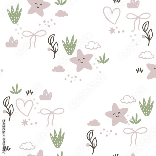 A charming, seamless children's pattern featuring animals and nature motifs. A hand-drawn floral pattern depicting animals, clouds, leaves, and nature against a white background.