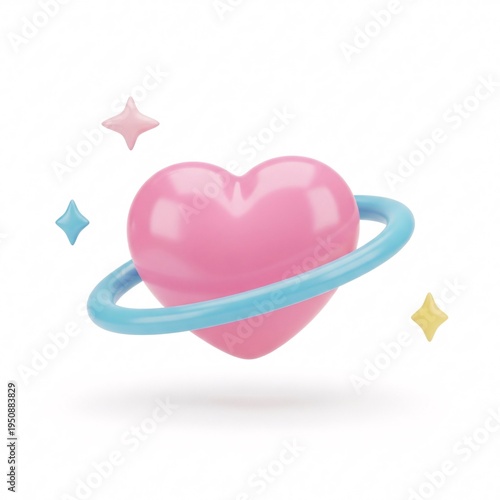 A pink heart floating in space with a blue ring and colorful stars