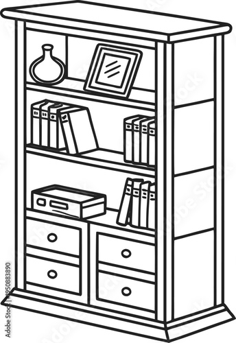 Wooden Bookshelf with Drawers and Books Line Icon – Home Library Furniture Vector Illustration