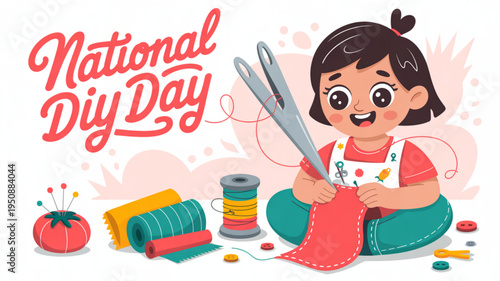 Happy child sewing on national diy day with colorful threads and fabric