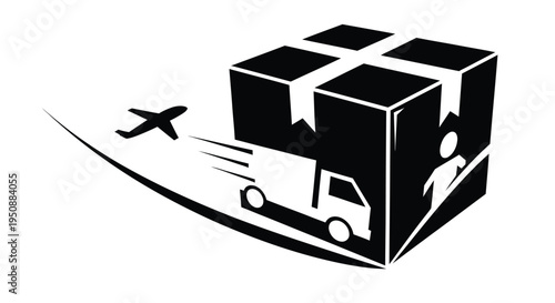 Black and white graphic of packages a truck and airplanes suggesting delivery