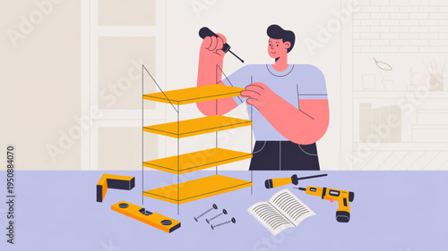 Man assembling yellow shelving unit with tools and instructions on purple table in room