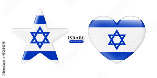 Israel national flag with a glossy glass-like effect in heart and star, isolated on a white background, suitable for present graphics or infographic media design, vector 3d illustration for design