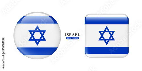 Israel national flag with a glossy glass-like effect in circular and square shapes, isolated on a white background, suitable for sports graphics or infographic media design, vector 3d for design