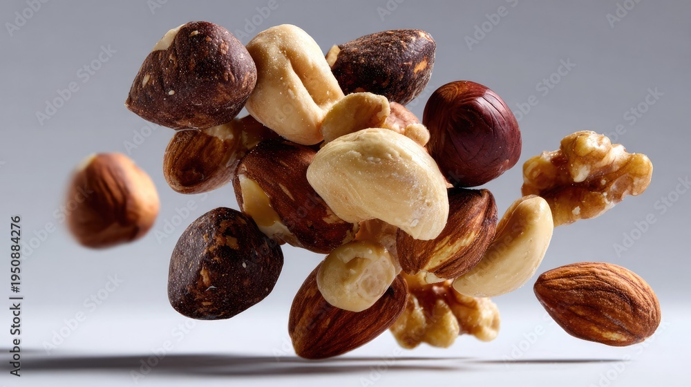 Fototapeta premium Nut Mix: An assortment of various nuts, showcasing their natural textures and colors, artfully arranged to highlight their appeal as a healthy snack.