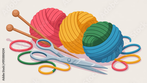 Colorful yarn balls with knitting needles and scissors for crafting and diy projects on a neutral background