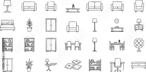 The image is a collection of line art icons representing various pieces of furniture and household items. They are arranged in a grid-like format on a white background. The style is simple and minimal